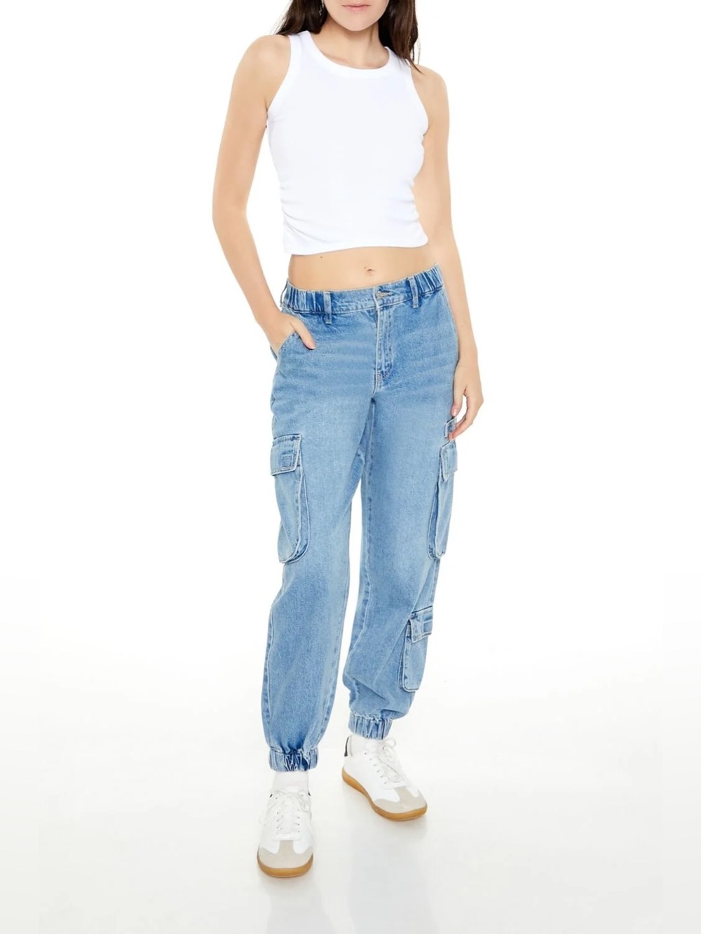 Forever 21 Y2K Blue Denim High Waist Cargo Jogger Small MultiPocket 90’s Baddie